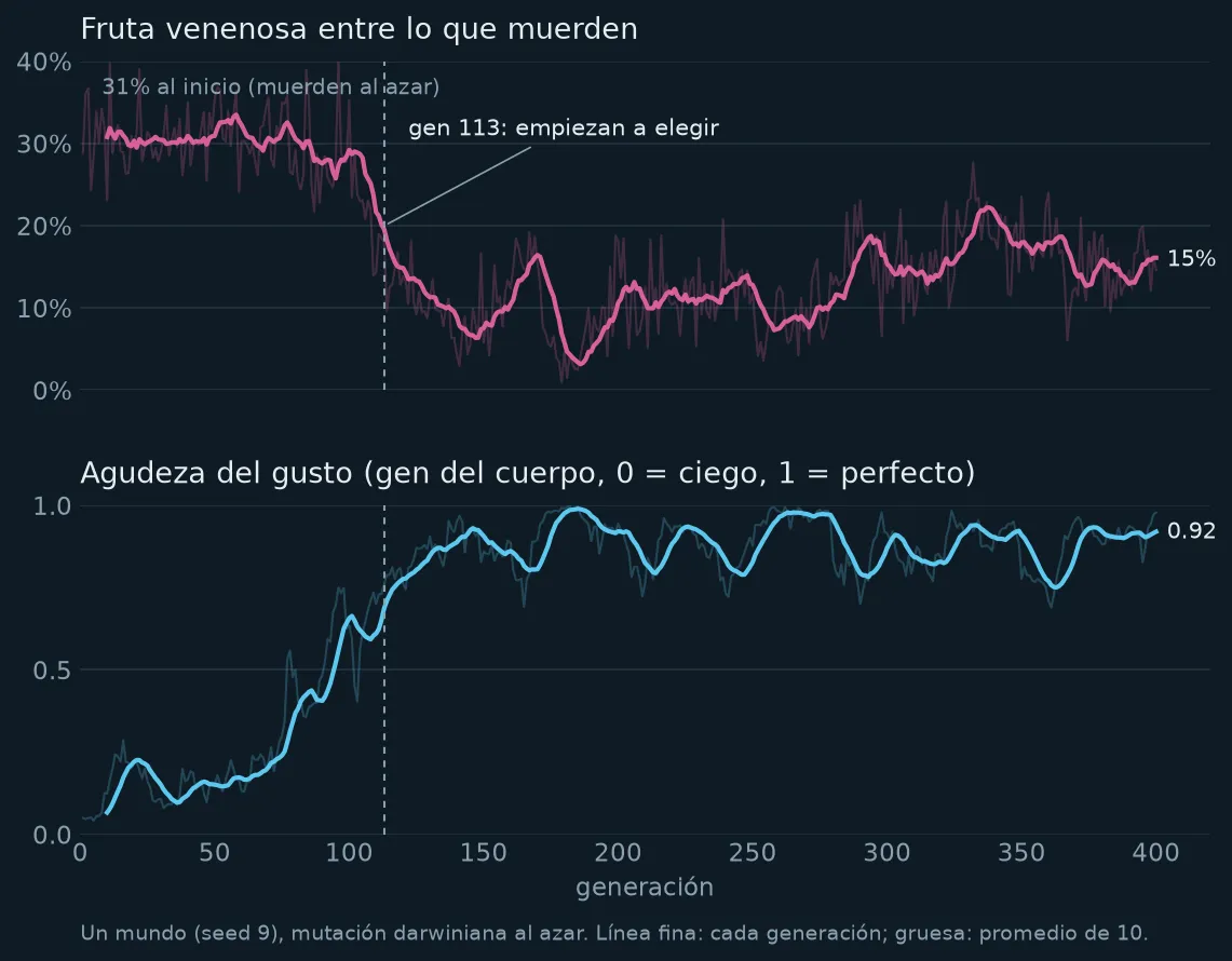 En un mundo, la fruta venenosa baja de 31% a 15% y el gusto sube de 0.05 a 0.92