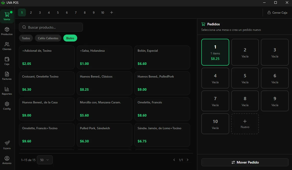 Pantalla de venta de UVA POS con productos, categorías y mesas
